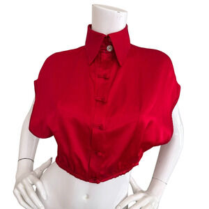 Cynthia Buttenklepper Blouse Red Silk Crop Loop Button Collared Top